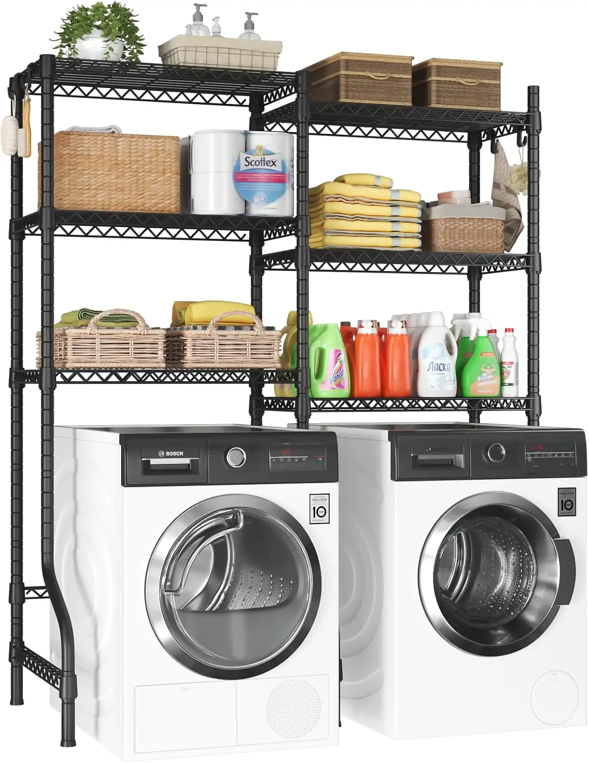 Black 6-Tier Over Washer & Dryer Metal Storage Rack, Space-Saving Laundry Room Organizer, 63.4