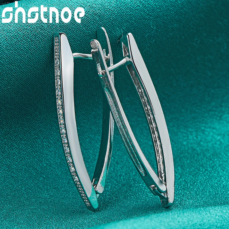 925 Sterling Silver AAA Zircon V Shaped Hoop Earrings For Women Party Engagement Wedding Birthday Gift Fashion Jewelry