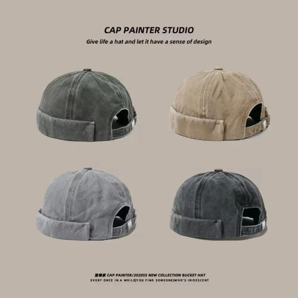 

Fashion Washed Denim Brimless Cap Solid Color Retro Vintage Hip Hop Hat Cotton Leisure Trend Bonnet for Men Outdoor Sports