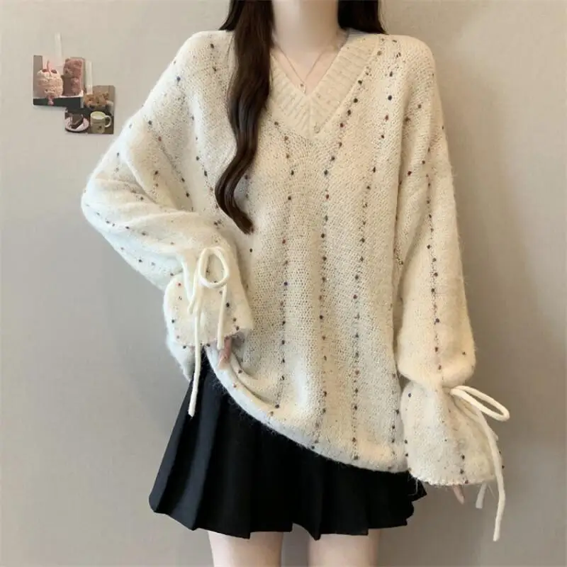 

V Neck Women's Sweater Girl Pullover Autumn Winter New Crochet Pom Pom Loose Drawstring Knit Design Women Ladies Fashion Tops