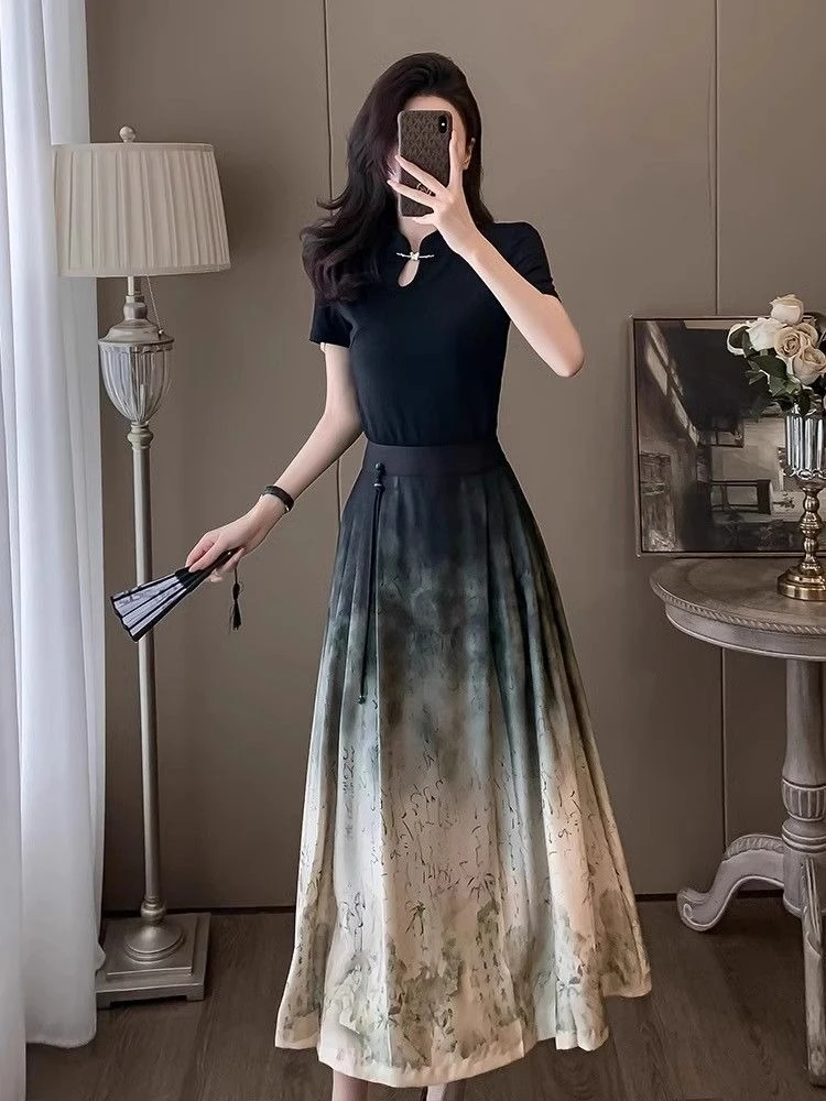 

2 Pieces Skirt Sets for Women Short Sleeve Vacation 2025 Y2k Clothes Top and Bottom New Matching Full Chinese Style Woman Outfit