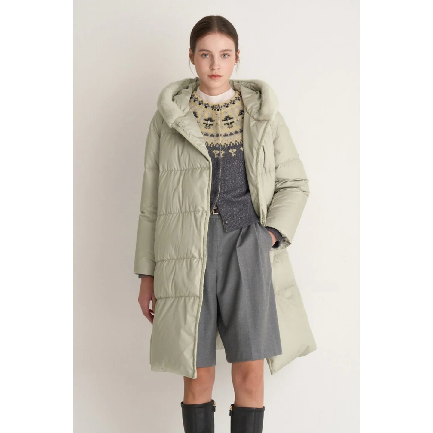 暖かいグースダウンパファージャケット、フード付き、厚手、通勤用、ミドル丈コート、韓国版、シングルボタン、ロングスリーブ