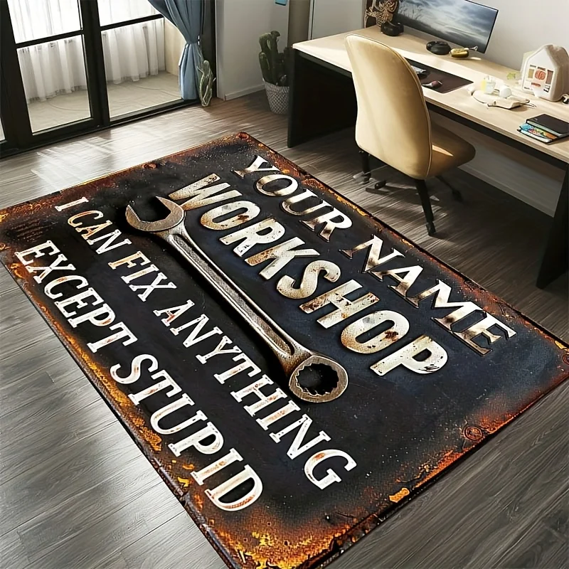 VIKAMA Retro Workshop Quote Floor Rug,Anti‑Slip Mat,Wrench Rusty Sign Pattern Carpet for Garage Man Cave Indoor Decor Rug