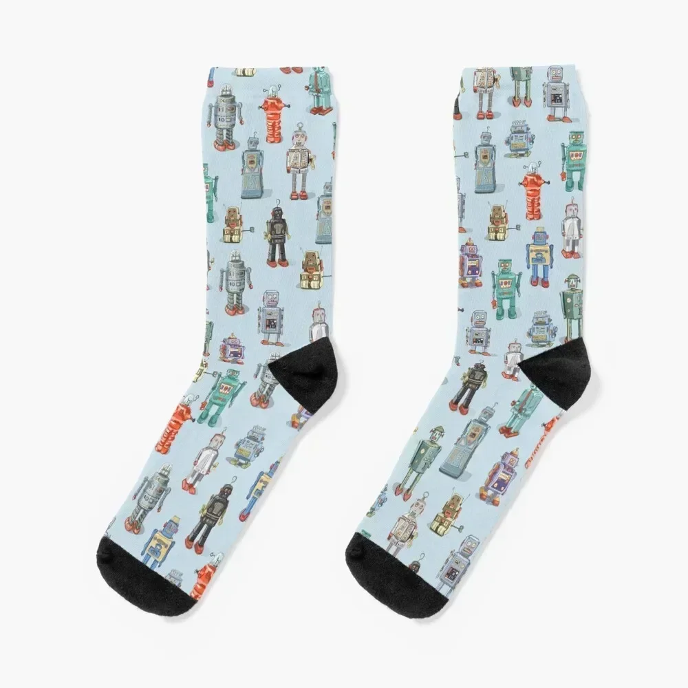 

Retro Vintage Robots in sky blue Socks halloween happy hip hop Man Socks Women's