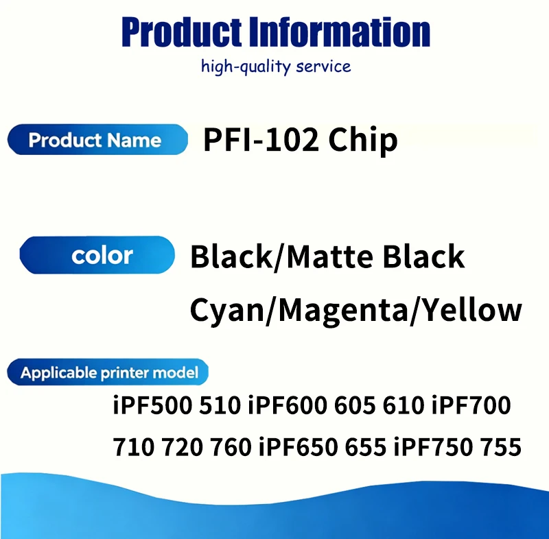 PFI102 PFI-102 Cartridge Chip compatible for Canon imagePROGRAF IPF650 IPF655 IPF750 IPF755 IPF760 IPF765 IPF600 IPF605 printer