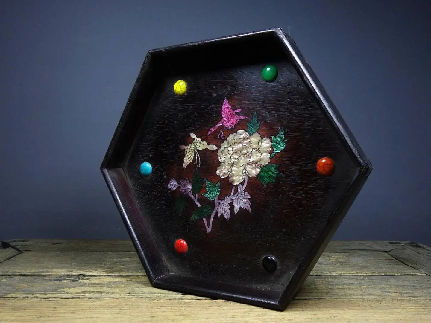 Old Rosewood Inlay Gemstone Color Shell Butterfly Flower Hexagonal Tea Tray