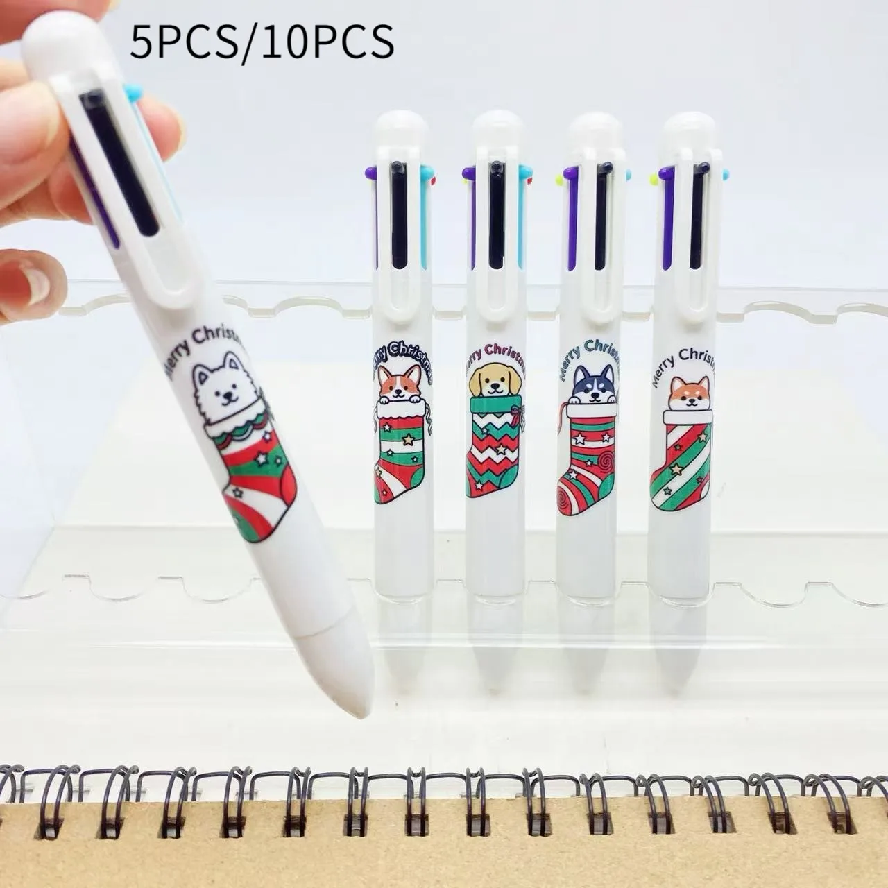 5PCS/10PCS Christmas Socks with Dog Design White Set Multicolor Ballpoint Pens Six-in-One Student Signature Pens