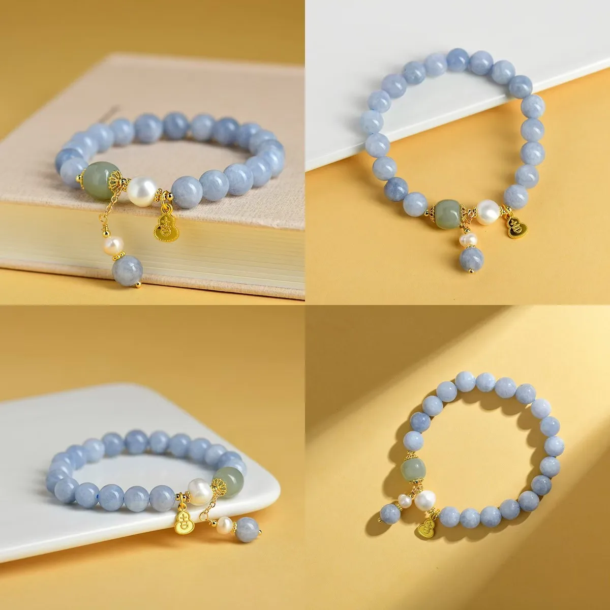 Natural Aquamarine Bracelet for Women with Pearl, Lucky Character Gourd Pendant, Minimalist & Indie Design, New Chinese Style