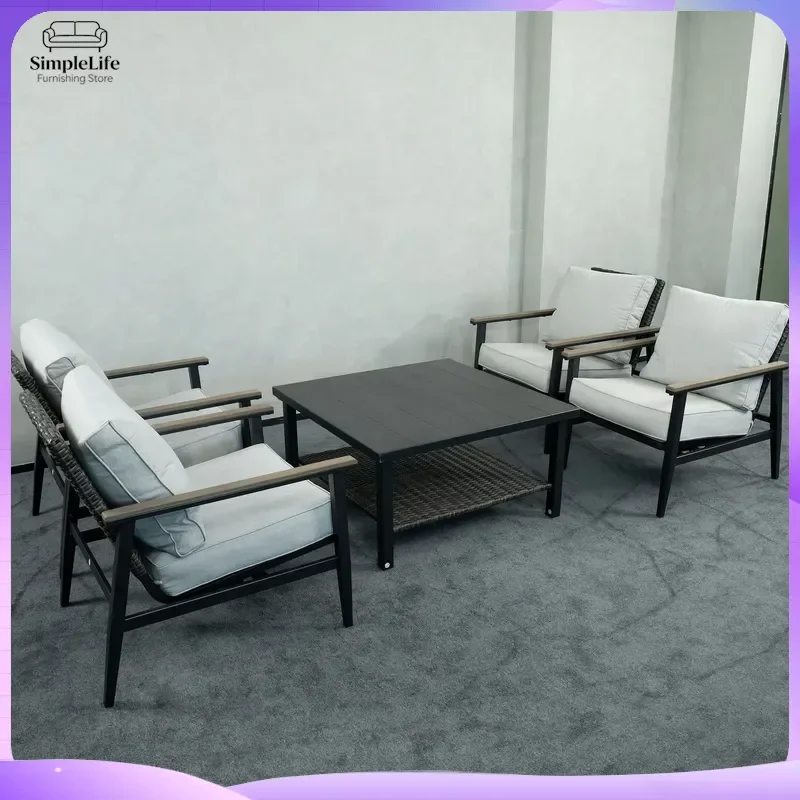 Rust Proof Waterproof Wrought Iron Outdoor Sofa Set with Coffee Table and Cushions for Balcony Courtyard Garden Patio