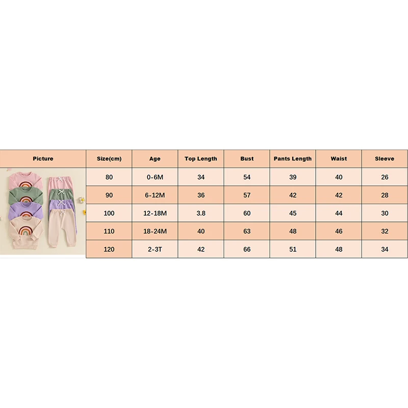 Roupa bordada arco-íris de 2 peças para bebês, moletom de manga comprida, gola redonda, moletom elástico na cintura, roupas com capuz de outono