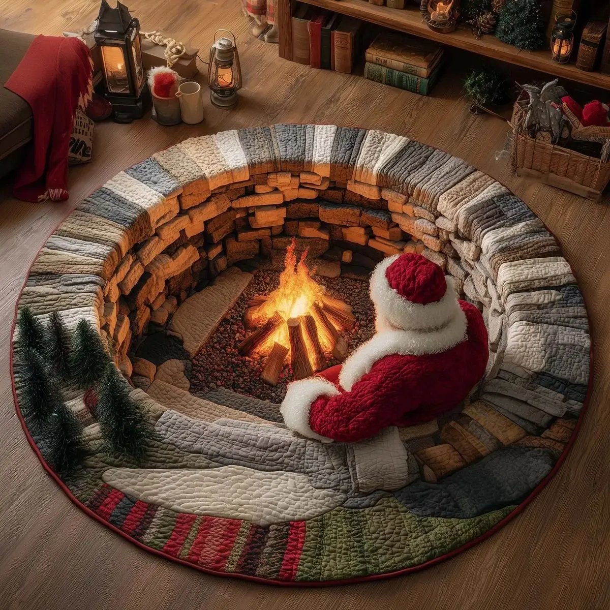 Christmas Round Rug Santa 3D Optical Illusion Carpet Non Slip Floor Mat Xmas Holiday Home Decor for Living Room Bedroom Party