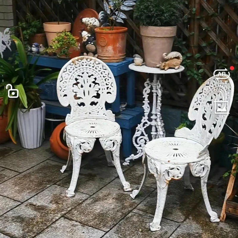 Cast Iron Old Garden Furniture Small Round Table & Single Chair Crown Single Chair