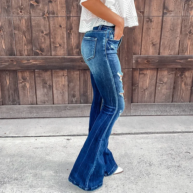 Women Jeans Boot Cut Pants Holes Washing Slim Fit Denim Zipper Fly Pockets High Street Slight Strech Solid Color Spring