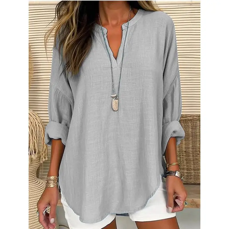 Csa Informal de Lino y Aodón para Mujer, Talla ande, Manga Larga, Color Puro, Estilo Informal, Moda Otoñal