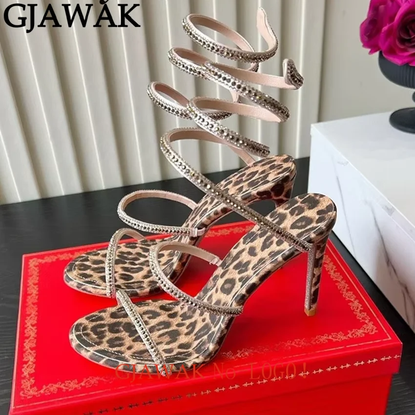 Summer Leopard Print Rhinestone Women's Sandals High Heel Banquet Shoes For Women Flipflop One Strap Ankle Strap Sandalias Mujer