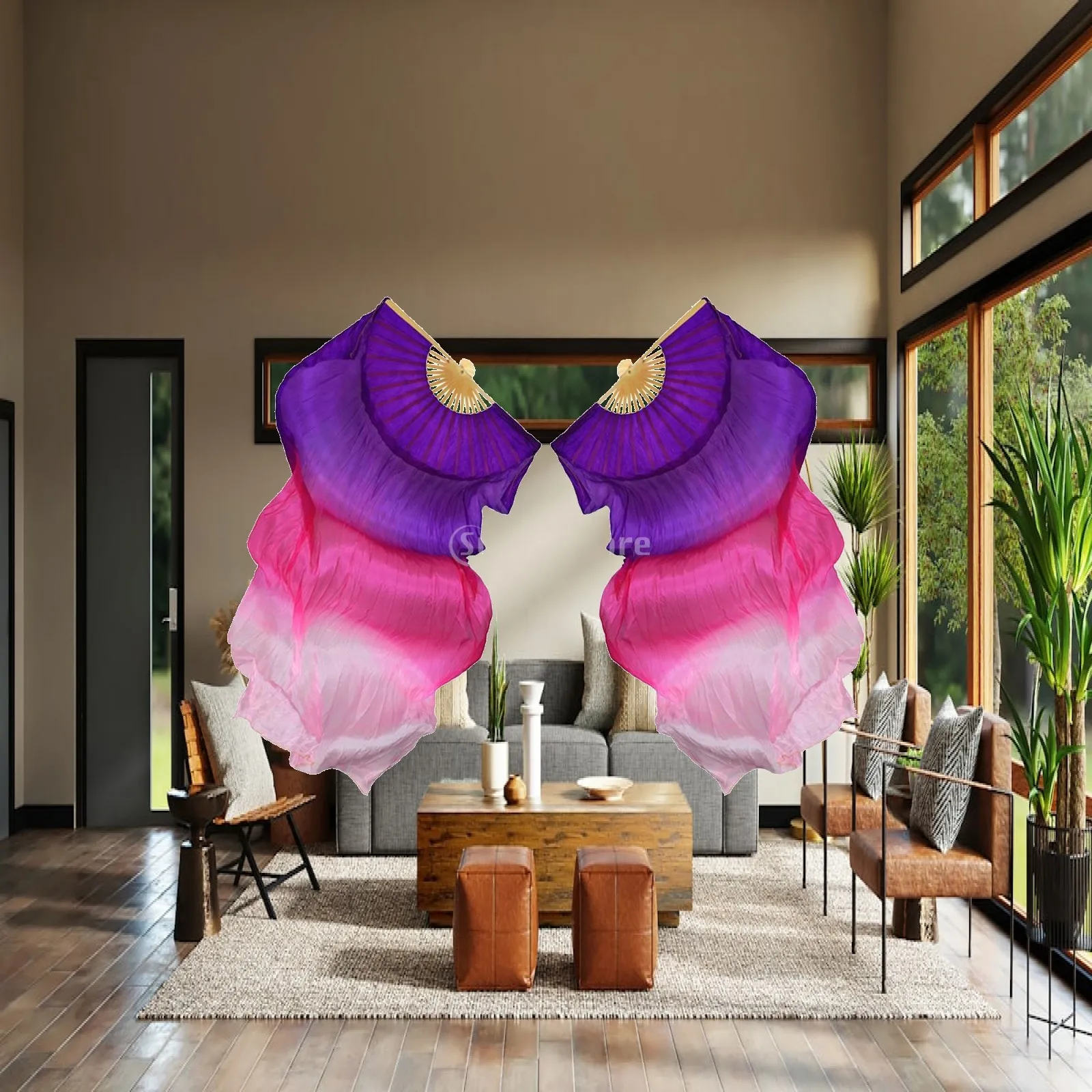 Fan Veils Belly Dance Real Silk Handmade Flutter Fan Veil Large Span for Troupe Shows Cosplay and Gala