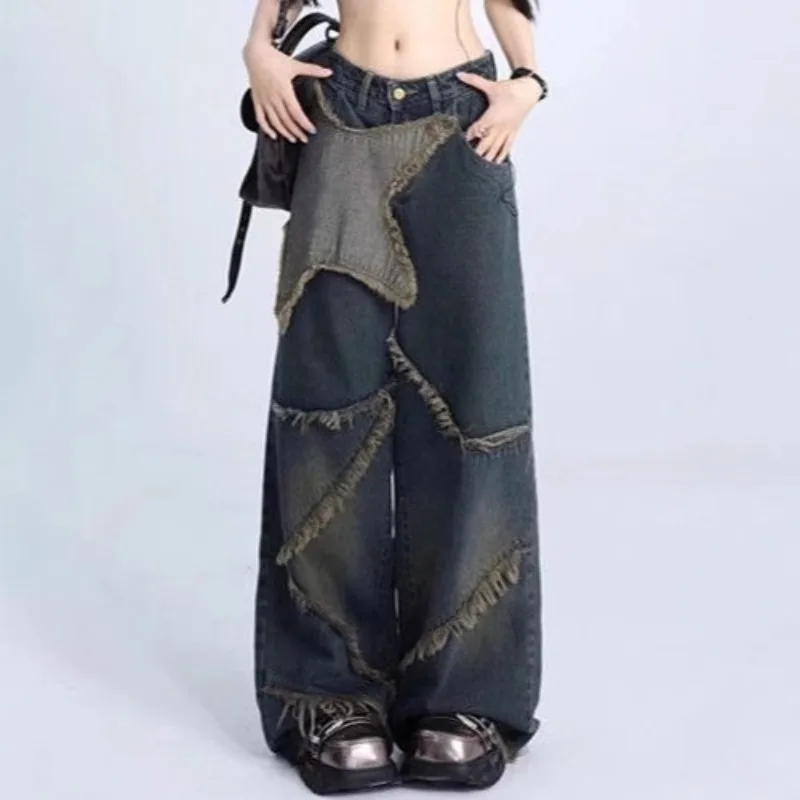 

Spring and Autumn American Retro Star Jeans Women's Y2k High Street Loose Straight Leg Fringed Floor Pants Trend Female Clothing