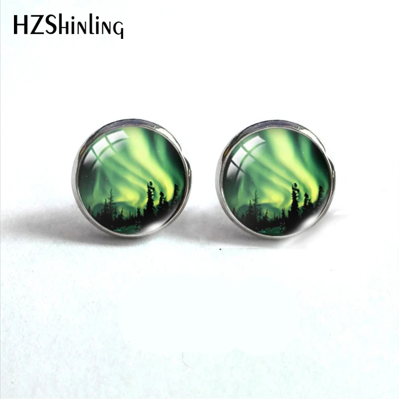 Green Northern Lights Earrings Northern Light Jewelry Light Aurora Handcraft Glass Dome Stainless Steel Stud Earrings Jewelry