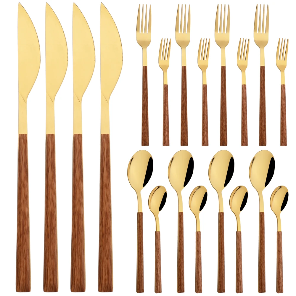 

20/30Pcs Gold Dinnerware Set Imitation Wooden Handle Cutlery Set Knife Dessert Fork Tea Spoon Tableware Stainless Steel Flatware
