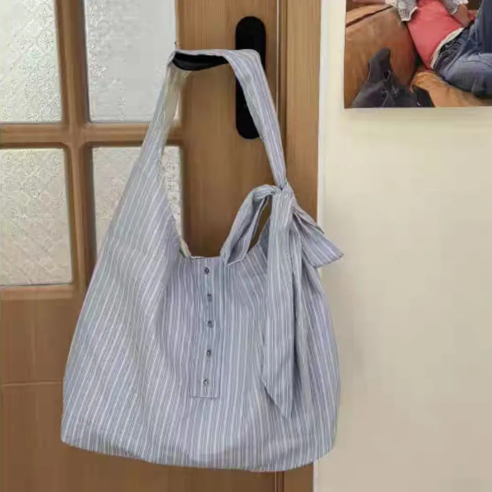 Arco listrado lona sacola estilo literário estilo coreano lona hobo saco azul cor fresca grande capacidade axilas saco estudante