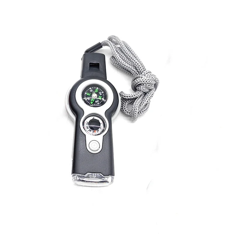 7-in-1 Multi-functional Whistle Outdoor Compass Thermometer LED Light Survival Flashlight Reverse Mirror Magnifying Glass