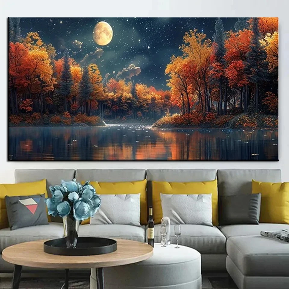 5D DIY Large Diamond Painting Moon Trees Lake Reflection Landscape Wall Art, Full Square Round Drill, Embroidery Home Decor