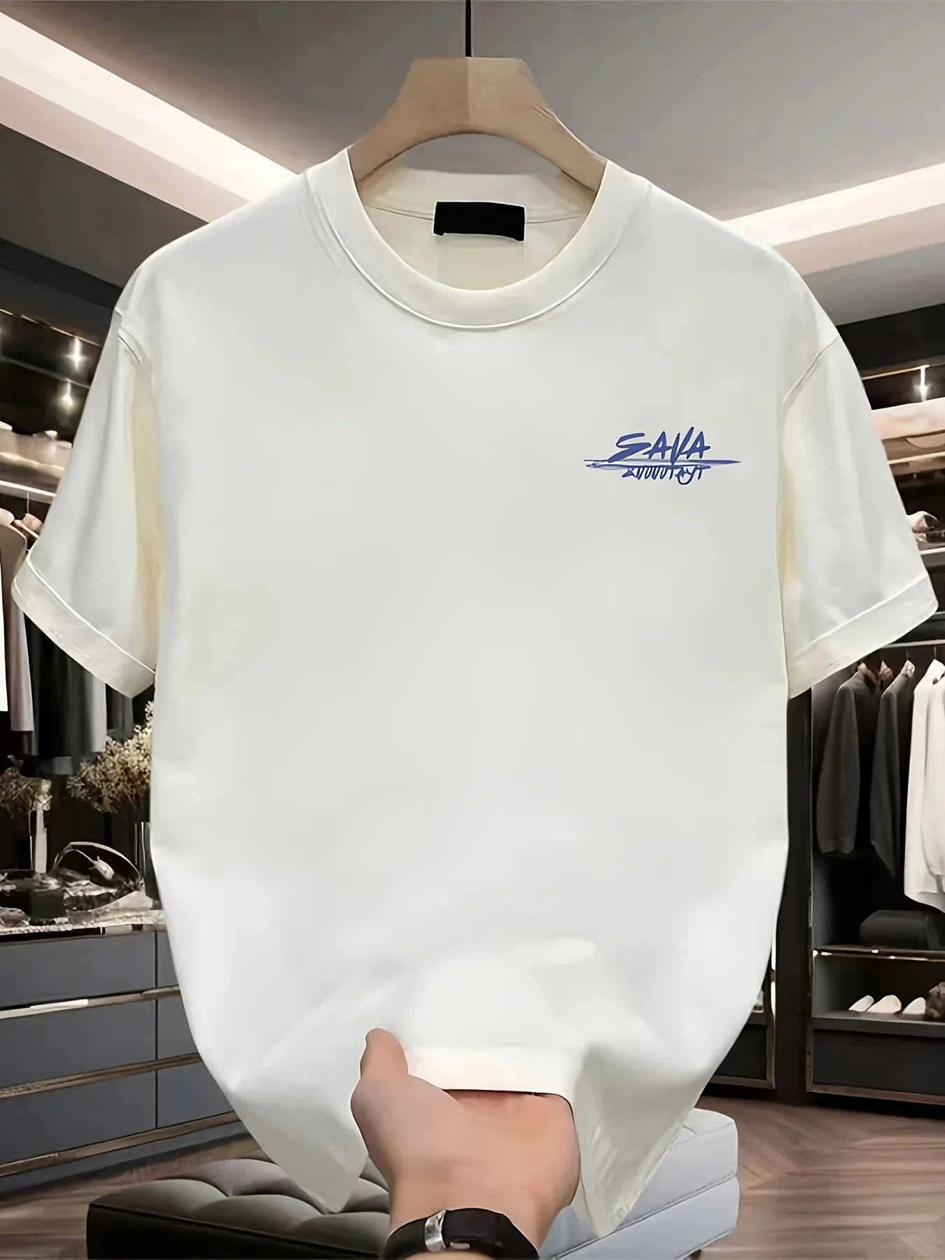Aesthetic Pink Sky Mountain Photo Print Back T‑Shirt Blue Handwritten Font Chest Logo Unisex White Tees