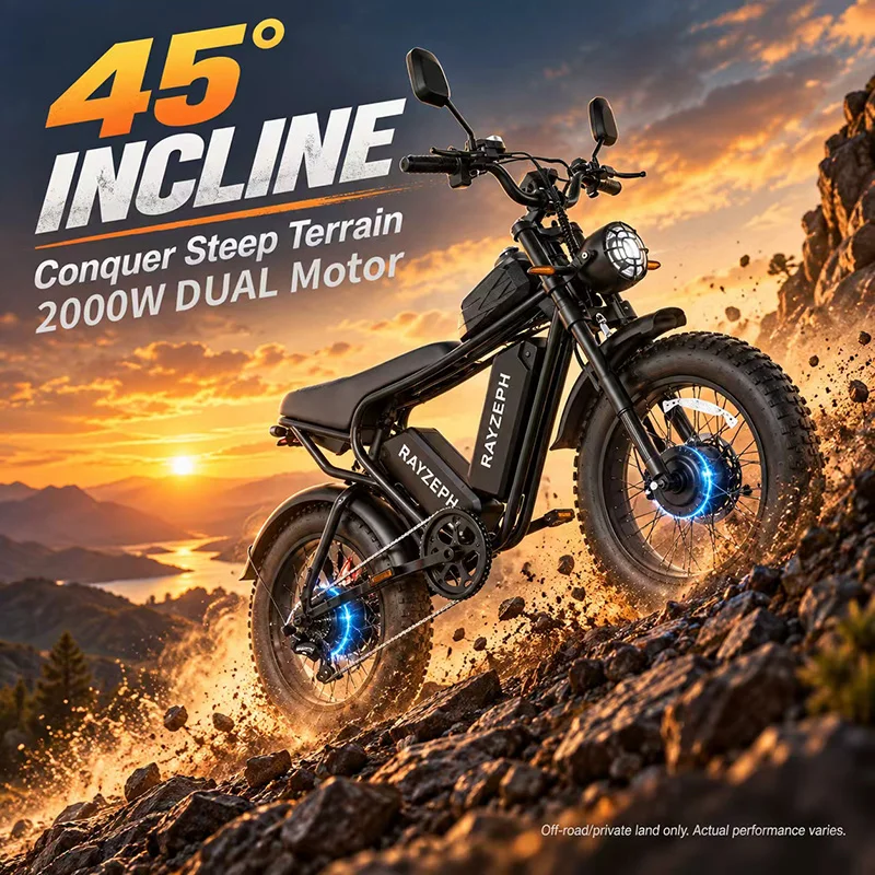 Rayzeph C20Max, bicicletta elettrica da 2000 W con doppio motore, batteria doppia da 52 V e 40 Ah, autonomia di 180 km, pneumatici larghi da 20 pollici, bicicletta elettrica per adulti, cambio Shimano