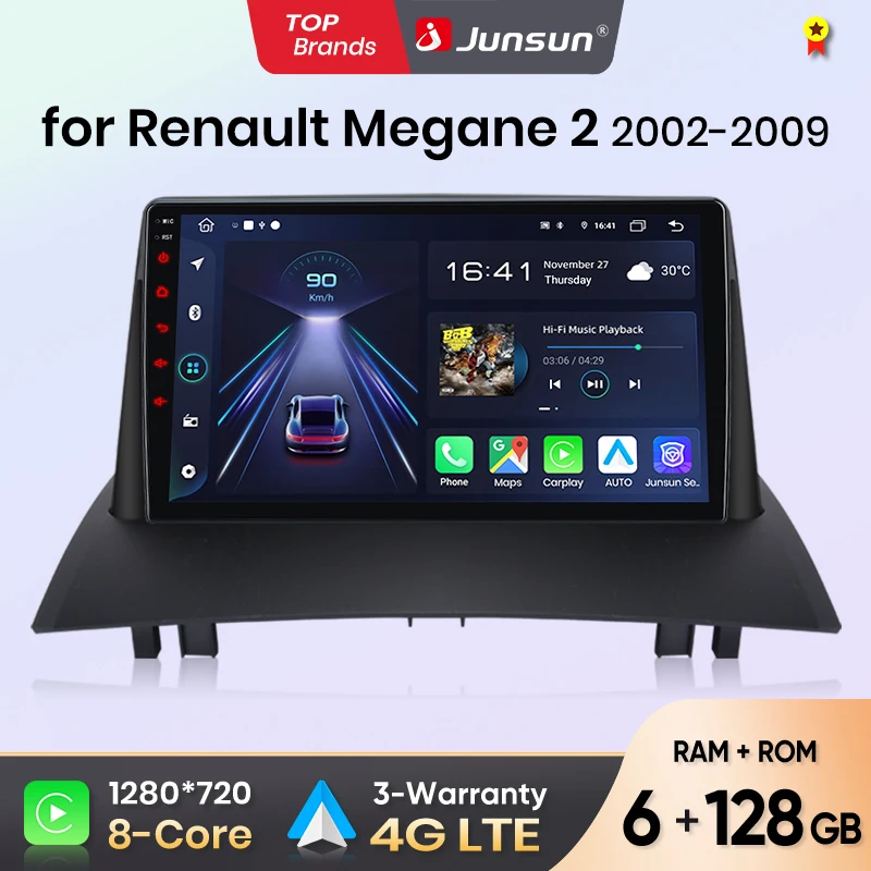 Junsun Android sans fil CarPlay Auto autoradio pour Renault Megane 2 2002-2009 systèmes intelligents DSP SWC RDS GPS FM BT