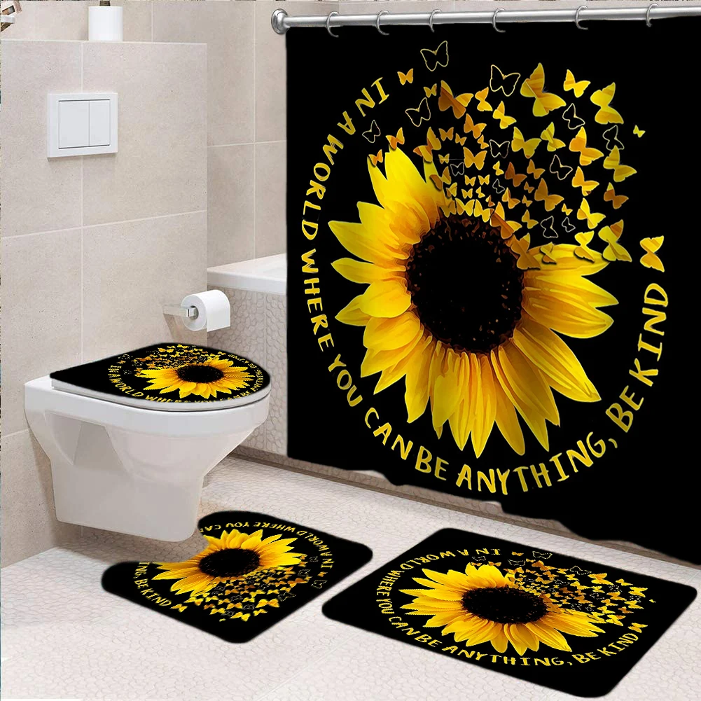 Flowers Art Sunflower Bathroom Shower Curtain Home 3D Carpet Entrance Doormat 4Pcs Set Toilet Cover Rug Bath Non-Slip Floor Mat