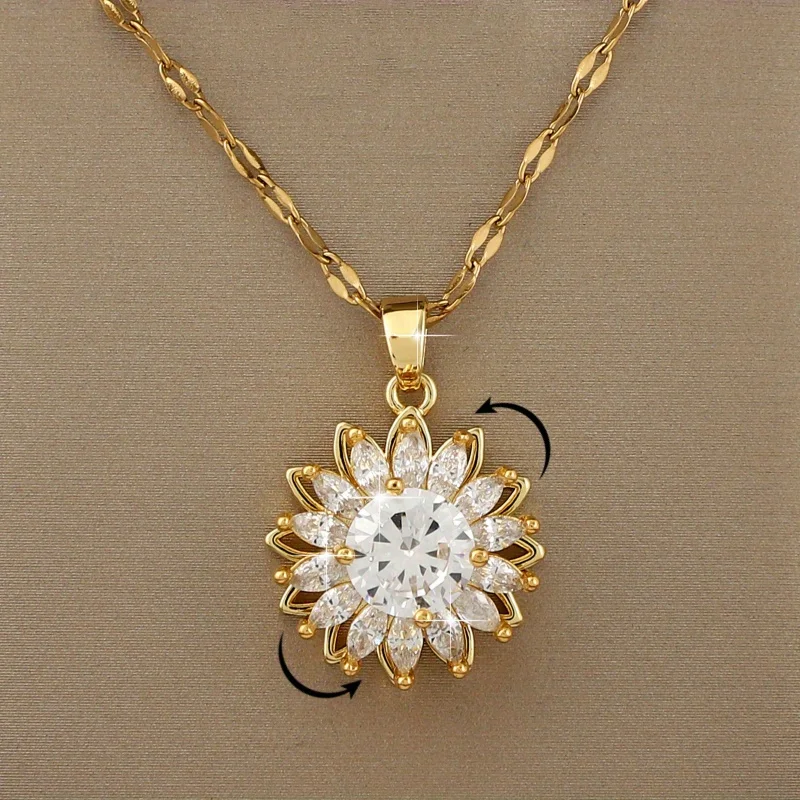 Exquisite 360° Rotatable Decompression Sunflower Zircon Pendant Necklace, Birthday and Thanksgiving Gift for Family and Friends