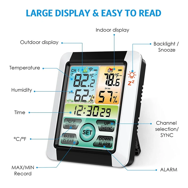4 cal dotykowy ekran kryty odkryty cyfrowa stacja pogody budzik z podświetleniem z czujnik bezprzewodowy miernik temperatury i wilgotności
