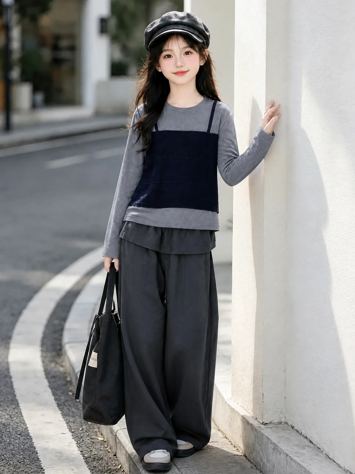 Casual Two-Piece Set for Girls Autumn Fashion Korean Style Long Sleeve T-Shirt And Wide Leg Pants Cotton Elastic Middle Spring