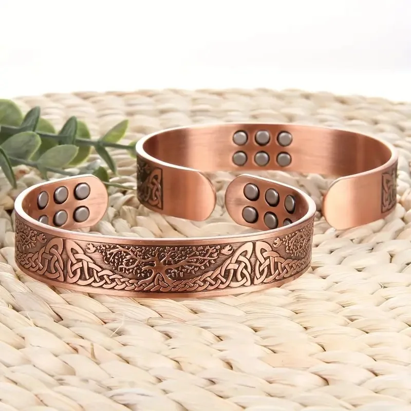 

Pure Copper Cuff Bracelet Bangle Tree of Life Carving Design Magnetic Bracelets For Men With 3500 Gauss Magnets Adjustable Size