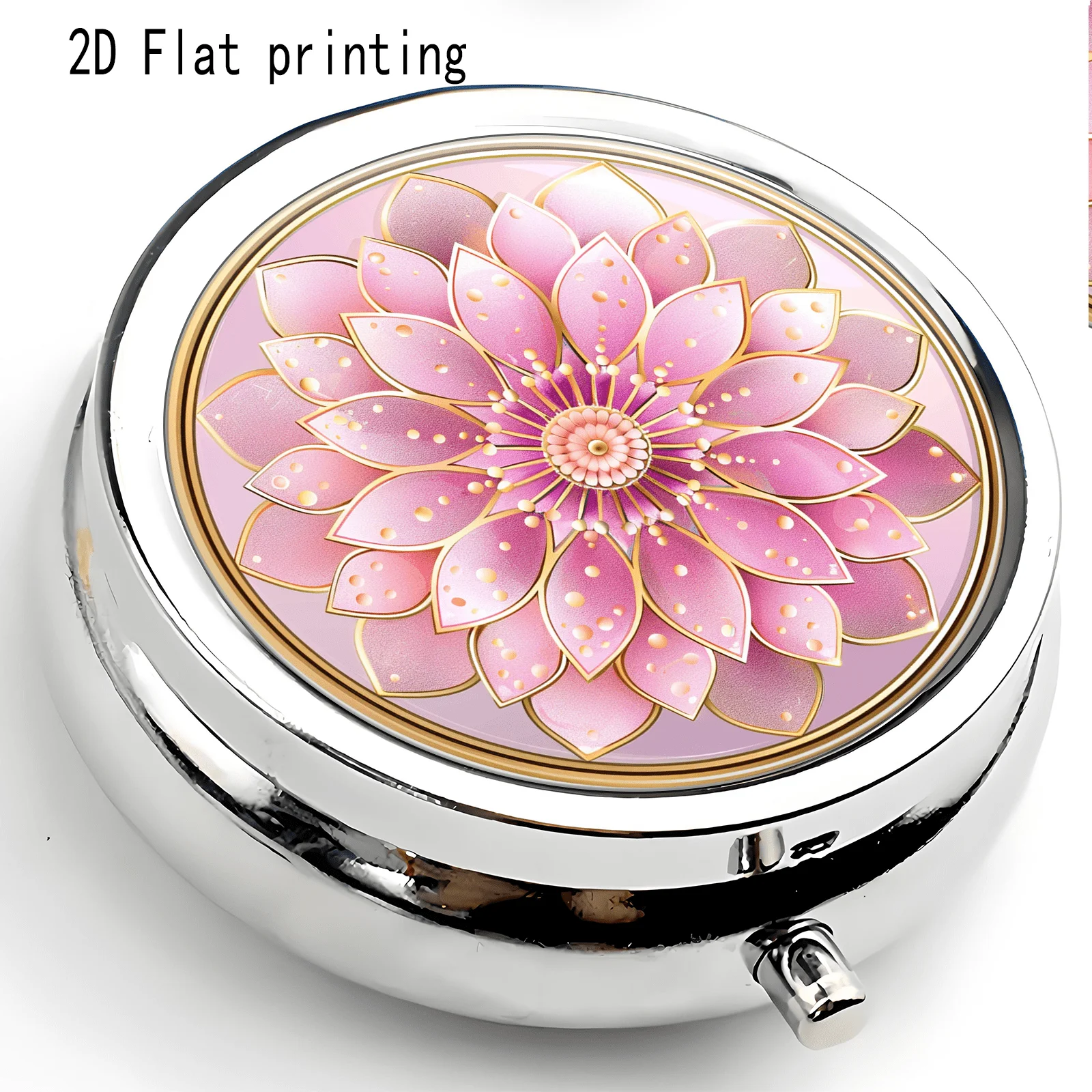Pink Gold Glitter Pearlescent Lotus Mandala Pattern, Round Three-Compartment Small Medicine Box, Portable Medicine Storage, Small Jewelry Storage, Suitable for Handbags or Travel, Holiday Gifts, Souvenirs, Prizes, Small Gifts, Suitable for Personal Use or as an Exquisite Gift Option