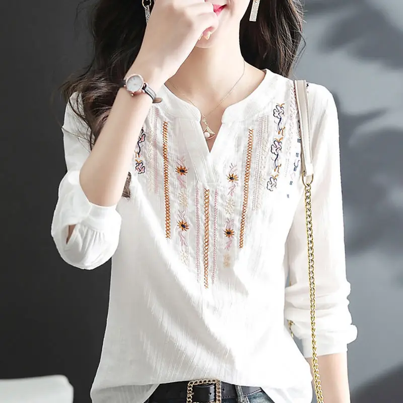 Cotton Linen Embroidered Ethnic Style Versatile V-neck White Blouse Multiple Patterns Printing Thin Spring Summer Women Pullover