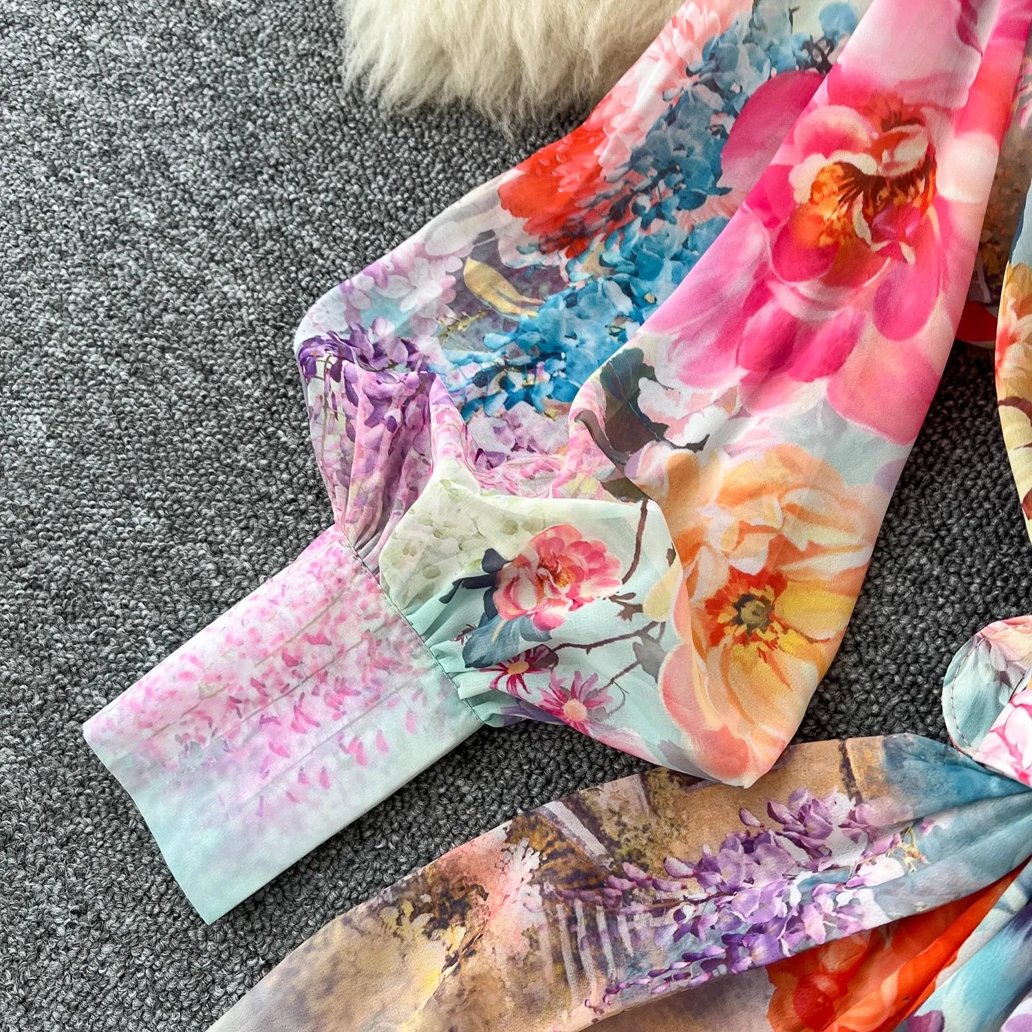 Summer Holiday Flower Boho Robe Dress Women's Lapel Lantern Sleeve Belt A-Line Beach Party Vestido Pearl Buttons Up Maxi Clothes