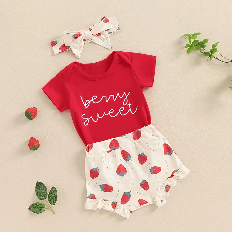 Baby Girl 3 Piece Summer Set Letter Print Short Sleeve Romper Frill Trim Shorts Headband Toddler Outfit