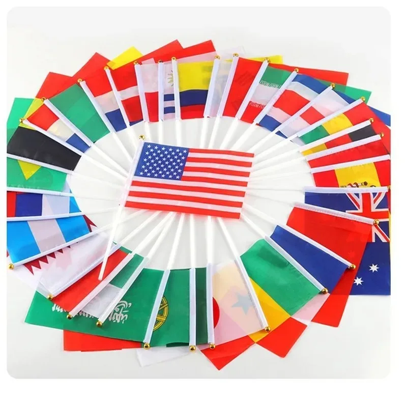 10pcs Small Hand Waving Flags 14x21cm Polyester National Flag with Plastic Pole for Various Countries Holiday Party National Day