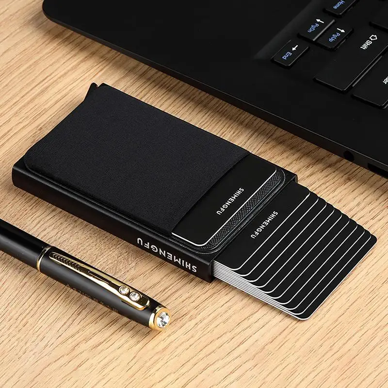 Slim Aluminum Wallet With Elasticity Back Pouch ID Credit Card Holder Mini RFID Wallet Automatic Up Bank Card Case