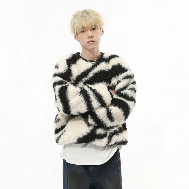 SYUHGFA Thick Men's Sweatshirts Korean Style Round Collar Zebra-stripe Lamb Wool Contrast Color Casual Male Hoodies New Chic