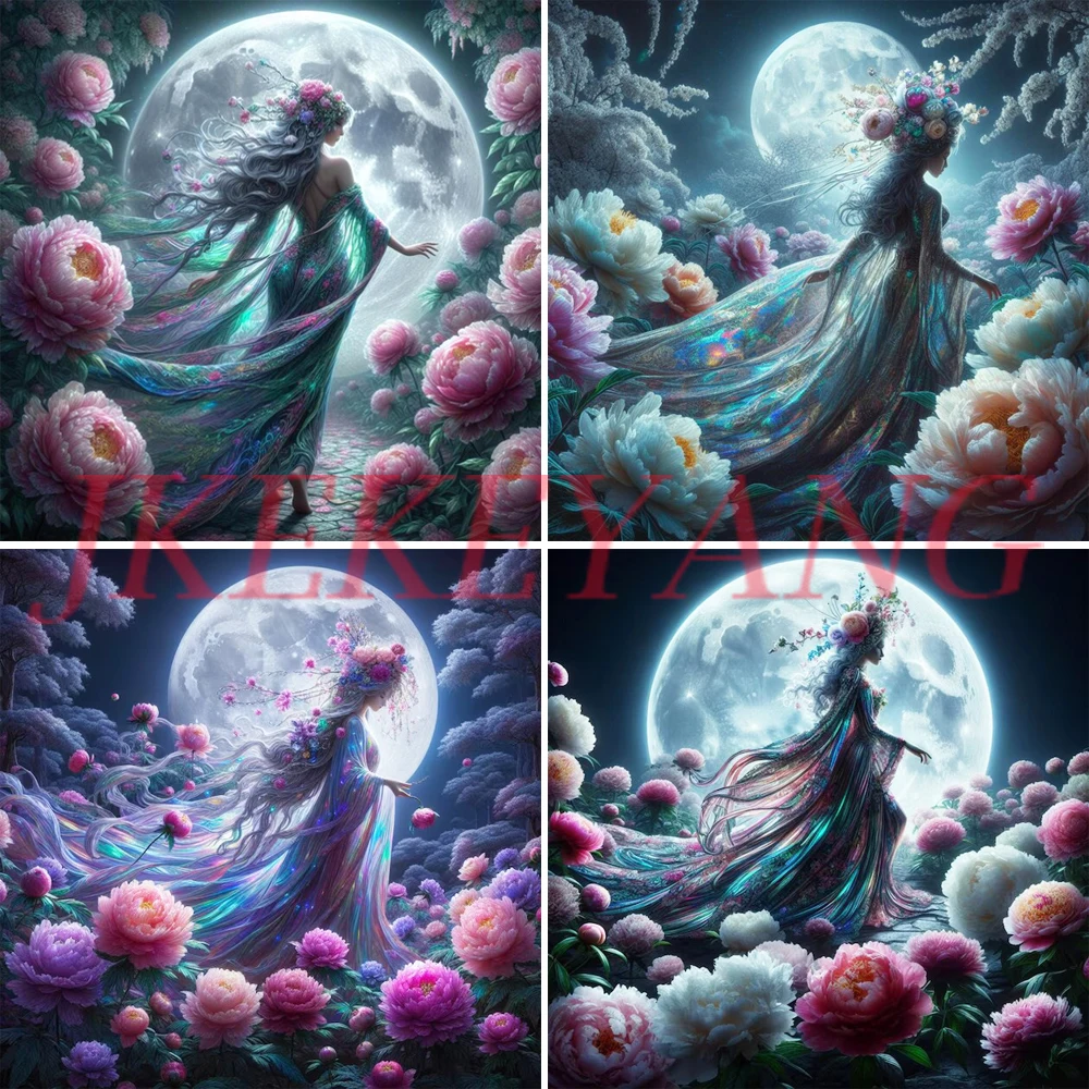 Girl and Peony Flower Under The Moonlight DIY 5d Diamond Painting Cross Stitch Kits Diamond Mosaic for Living Room Decor