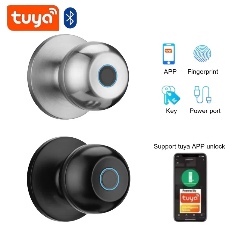 Tuya BLE Smart Ball Lock Fingerprint Door Lock Rechargeable Lithium Battery Electronic Door Lock Fingerprint Key Tuya APP Unlock