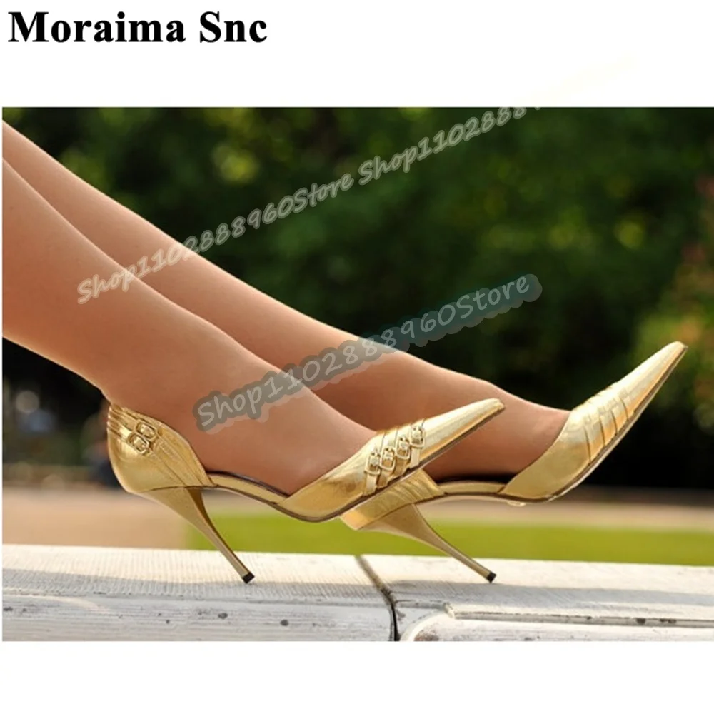 

Luxury Gold Metallic Buckle Strappy Pumps Thin High Heel Shoes For Women Slip On Pointed Toe Banquet Stylish Zapatos Para Mujer