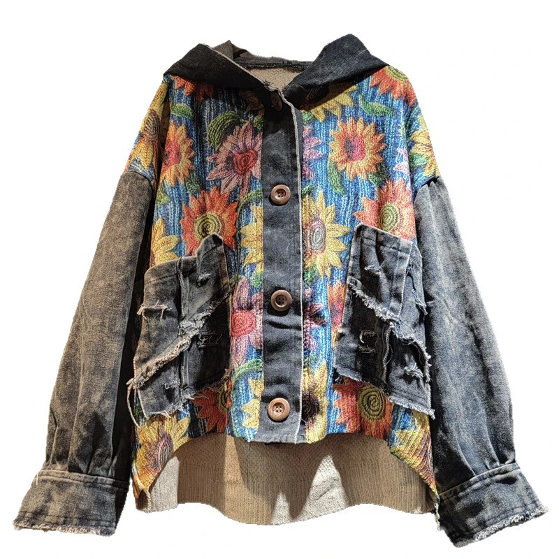 WTHT العصرية المرأة زهرة طباعة متماسكة تقسم الدنيم سترة 2025 الخريف جديد مقنعين طويلة الأكمام معطف الإناث 1LS2270