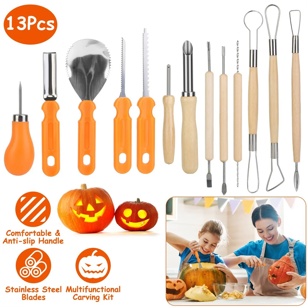 

13PCS Pumpkin Carving Kit, All-in-One Halloween Jack-O-Lantern Tool Set with Scooper, Drill, Etching Tools, Double-Sided Saws