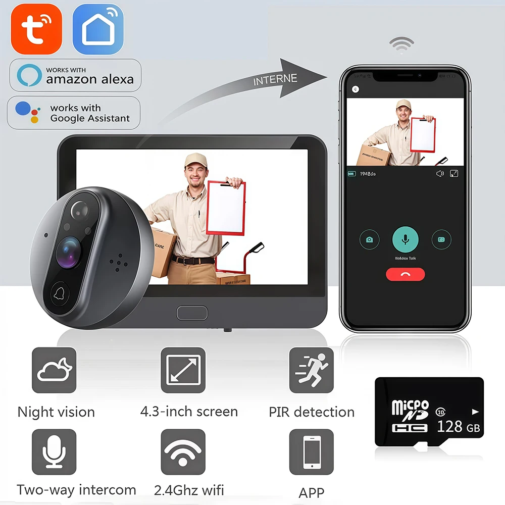 

3MP WiFi Smart Tuya Peephole 5000mAh Doorbell Door Eye Camera Infrared Alexa Google Video Intercom Door Cameras Home Security