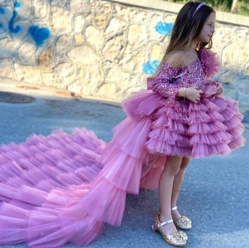 Sparkly Sequined Tulle Flower Girl Dresses Full Sleeves Pageant Dress With Detachable Train Long Birthday Party Gowns