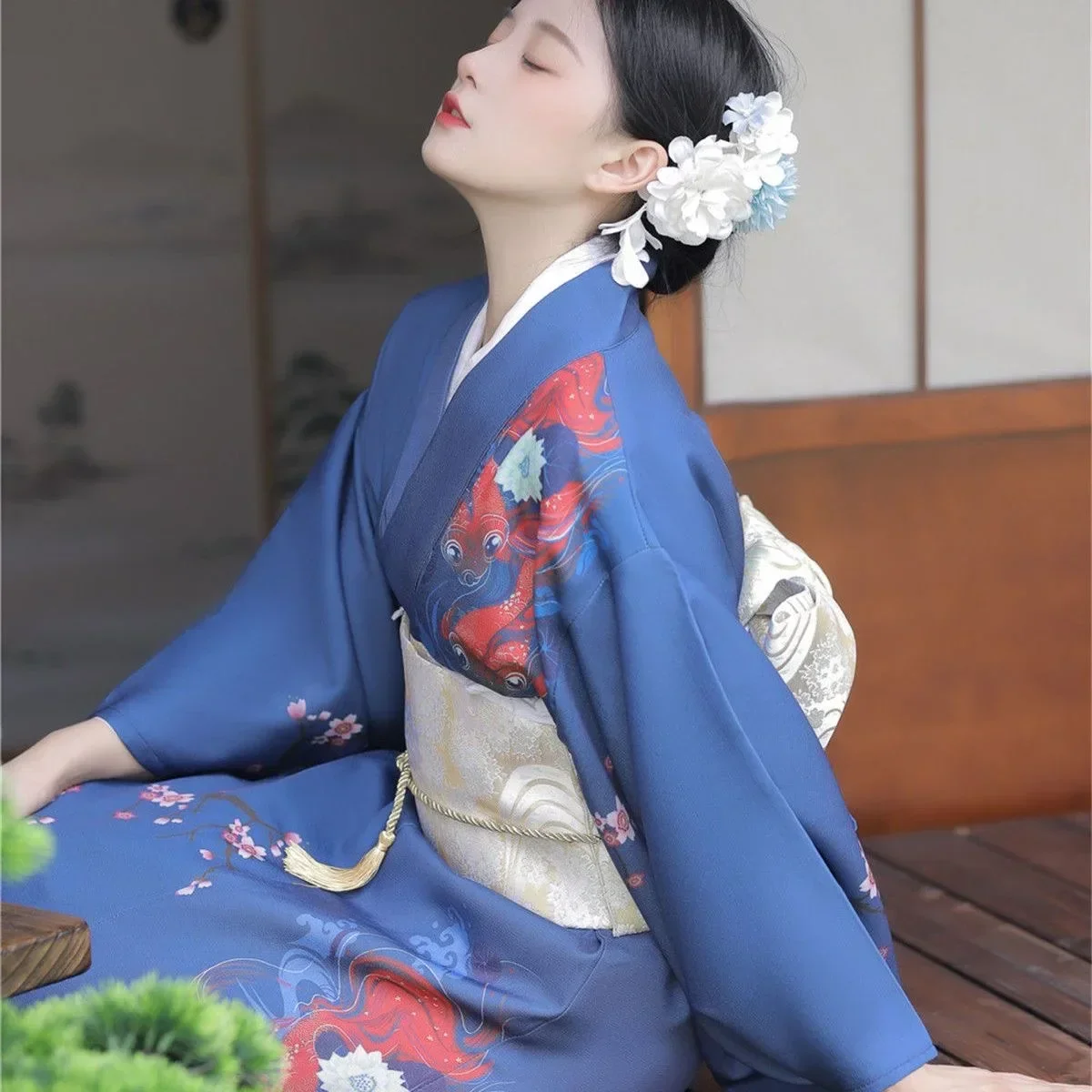 

Japanese Traditional Kimono Gown With Obi Print Flower Airy Dresses Costume Women Ladies Geisha Haori Yukata Kimono Gown Suit