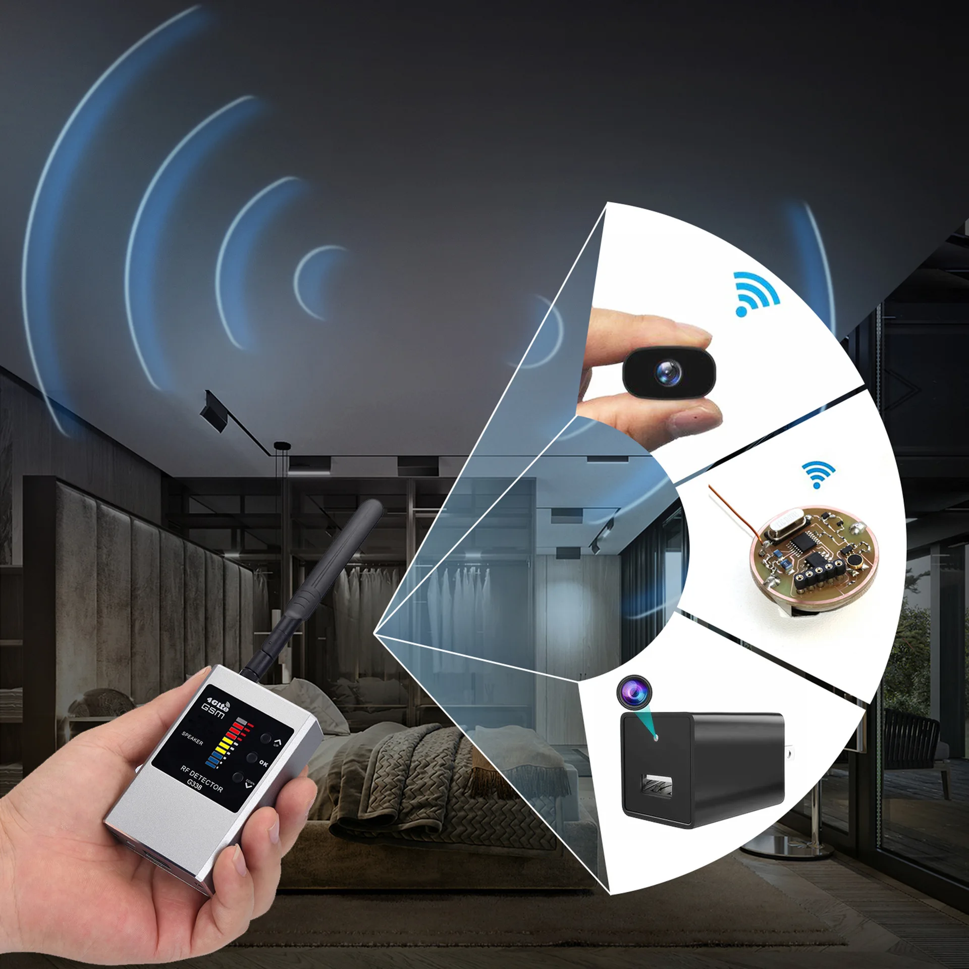8GHz anti spy gadgets RF Signal Detector G338 w/10 LED Sensitivity: Sweep WiFi Cams, GSM Bugs, GPS Locators, Magnetic Detection